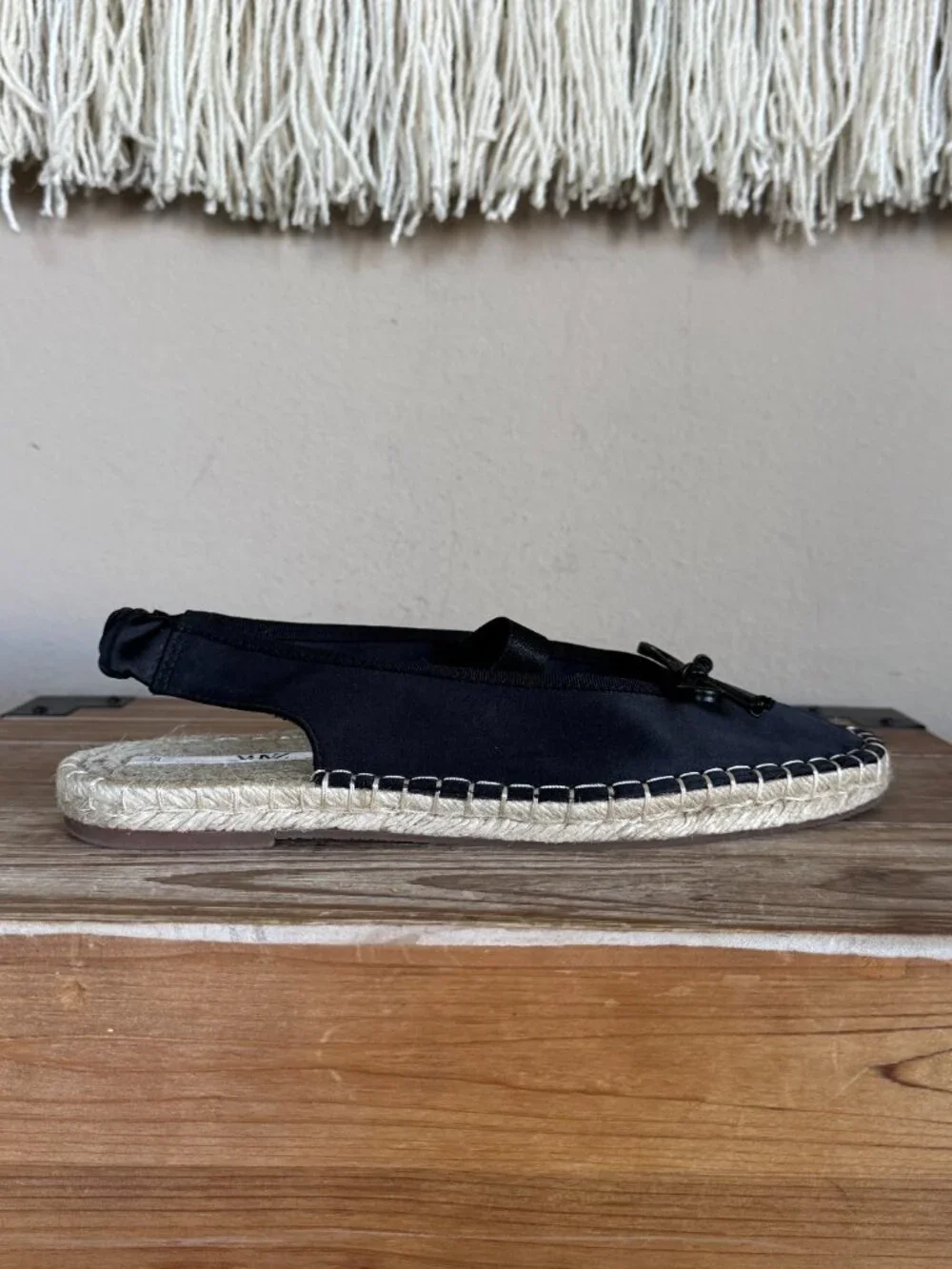 ZARA Black Satin Bow Square Toe Box Maryjane Sling Back Espadrille Flats Size 37
